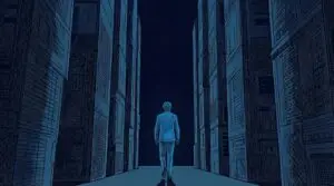 `Illustration of a suited figure walking away from the viewer through a narrow corridor of towering document-covered walls, representing the complexity of AI compliance navigation in workers' compensation insurance.