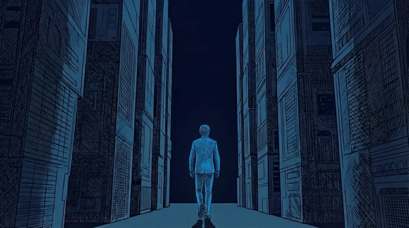 `Illustration of a suited figure walking away from the viewer through a narrow corridor of towering document-covered walls, representing the complexity of AI compliance navigation in workers' compensation insurance.