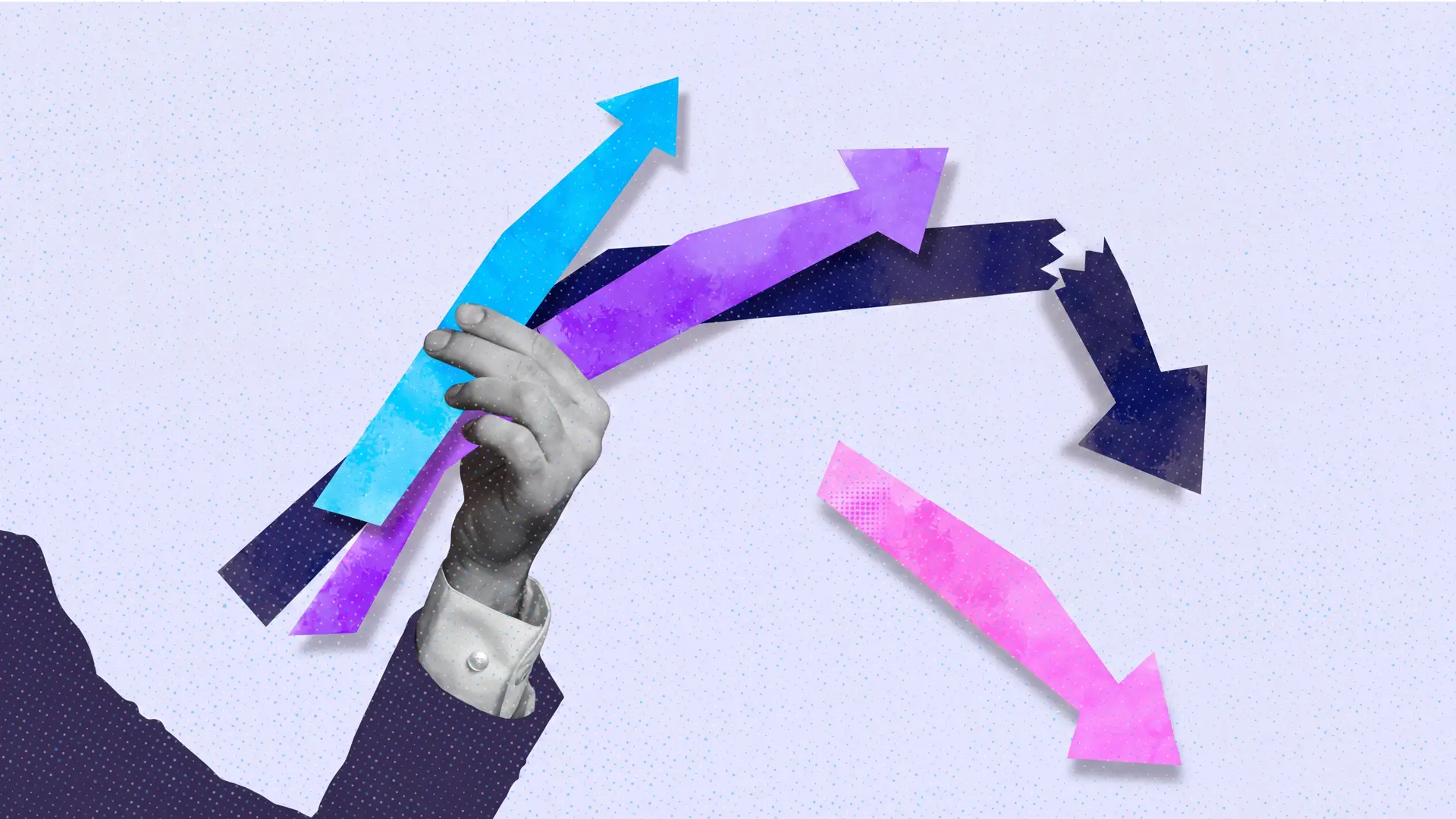 Conceptual collage of a hand gripping rising blue and purple arrows as a dark arrow snaps downward and a pink arrow falls, illustrating economic uncertainty.