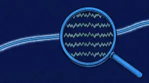 Illustrated magnifying glass examining zigzag data patterns against a deep blue background, representing close analysis of workers' compensation industry trends for 2026.