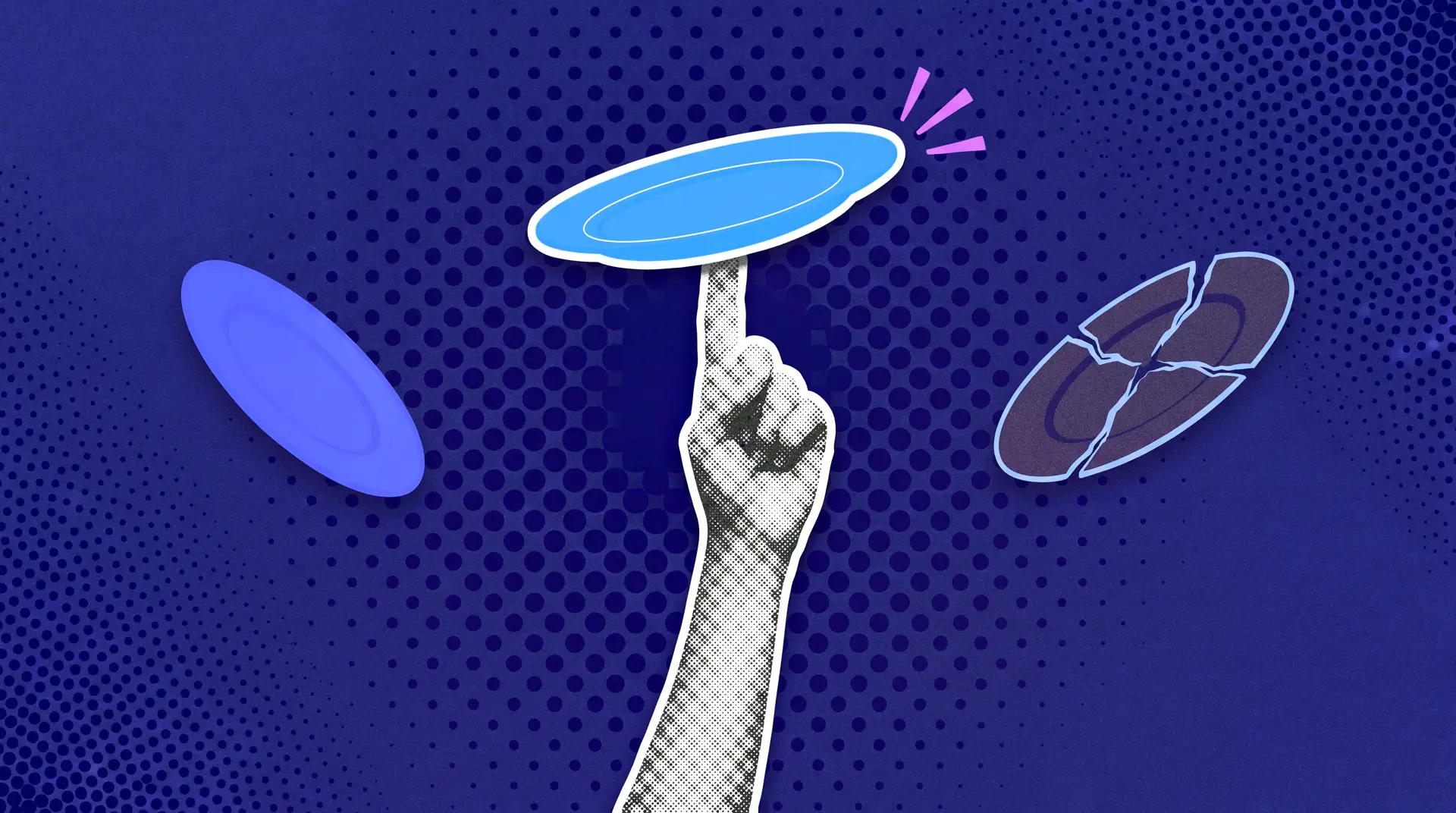A hand spins one plate while another drifts loose and a third cracks. The image illustrates the fragile 2025 economy behind AIS 2026's workers' comp update.