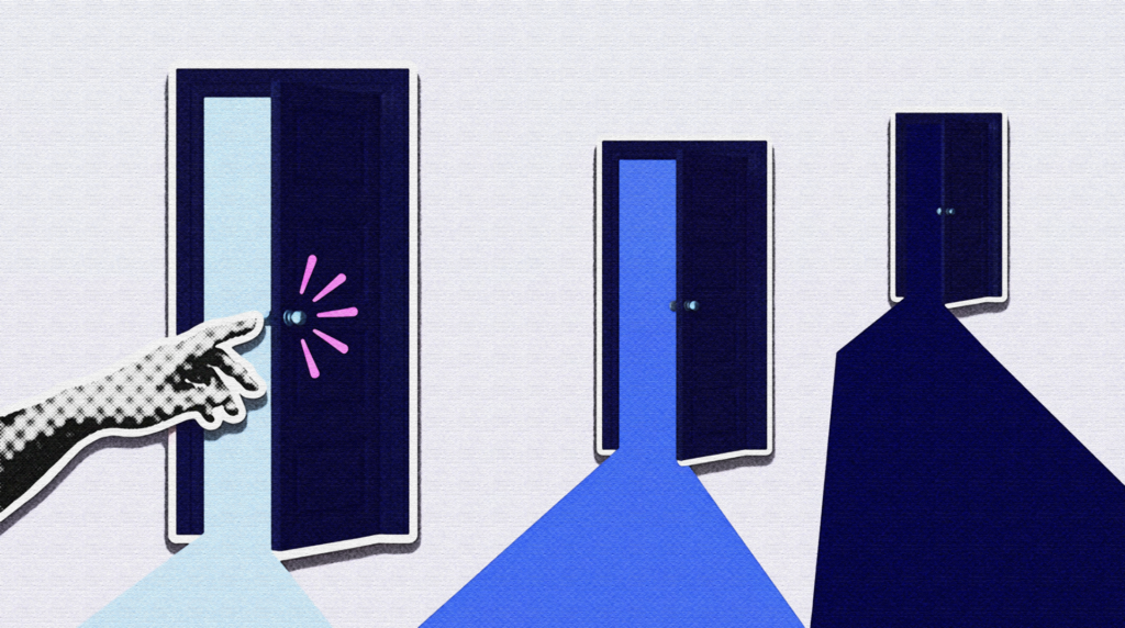 Three colored doors open onto different paths, illustrating the CA, NY, and NCCI bureaus behind AIS 2026's multi-state workers' comp recap.