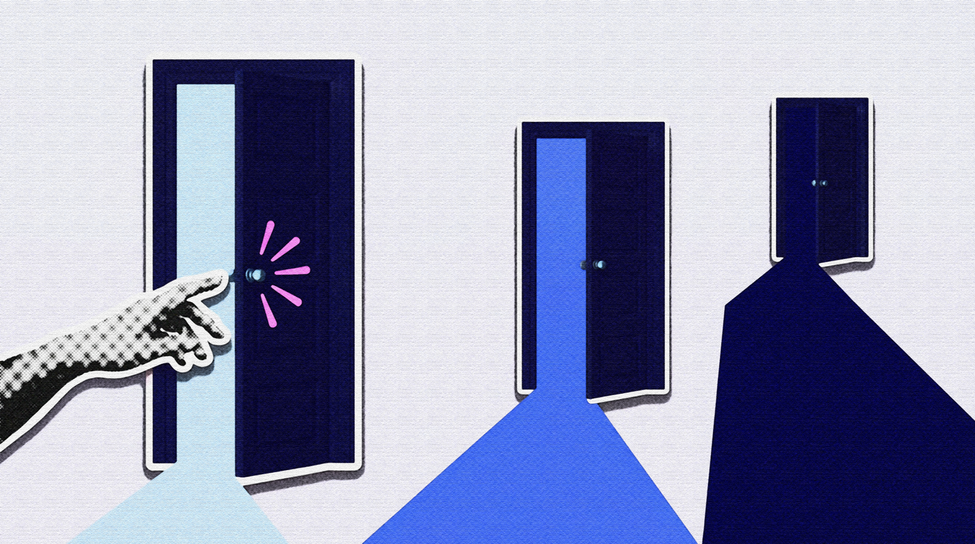 Three colored doors open onto different paths, illustrating the CA, NY, and NCCI bureaus behind AIS 2026's multi-state workers' comp recap.