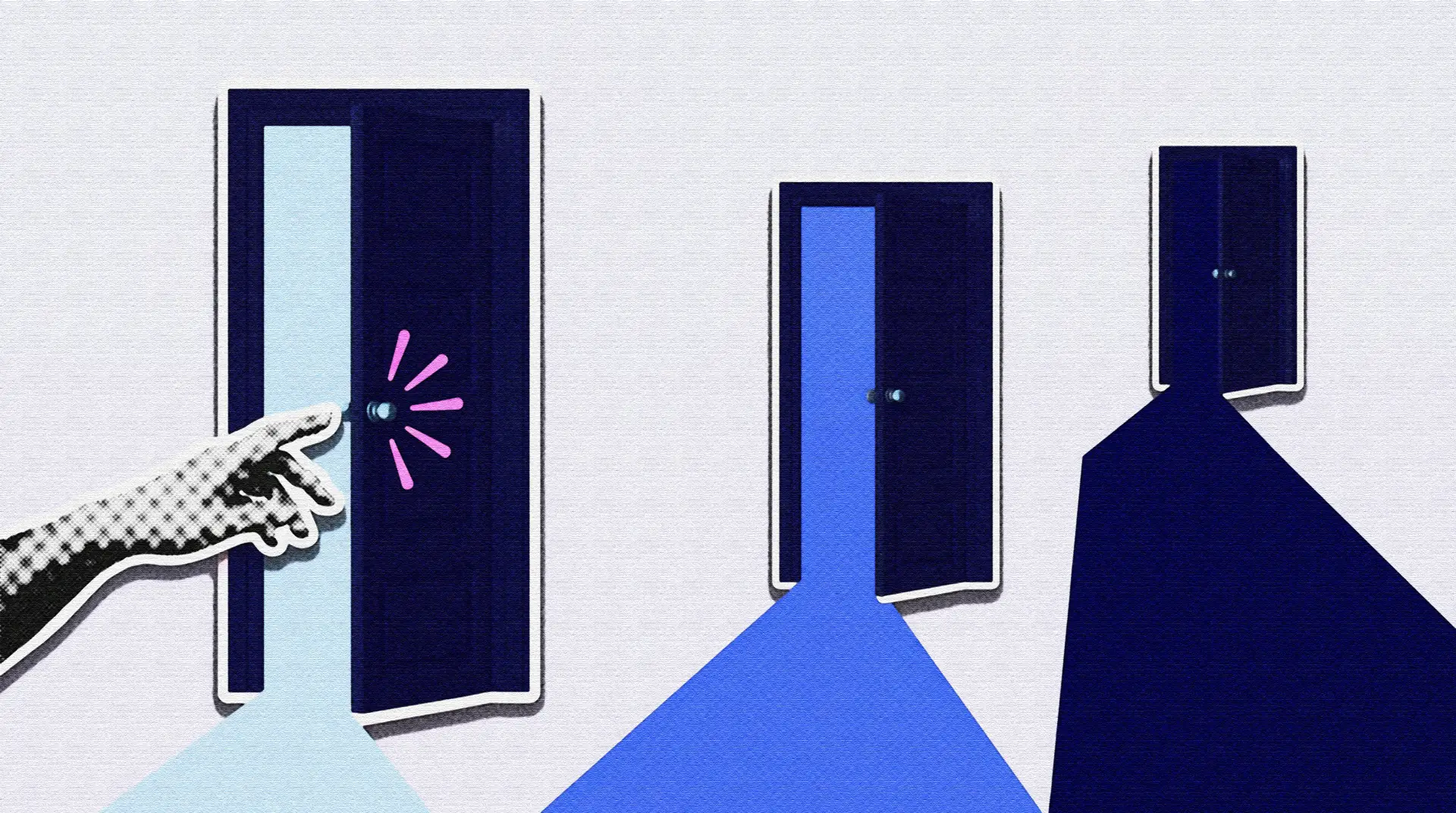 Three colored doors open onto different paths, illustrating the CA, NY, and NCCI bureaus behind AIS 2026's multi-state workers' comp recap.