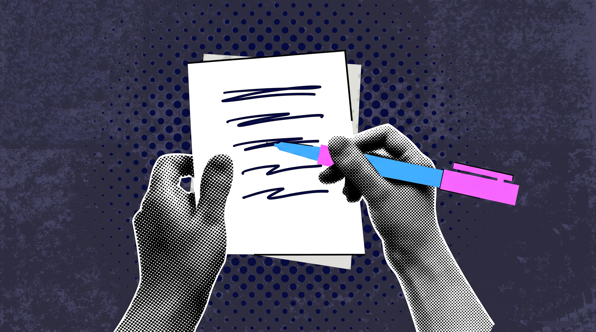 Pop-art hands take notes on paper, illustrating True's AIS 2026 workers' comp recap from NCCI's Orlando symposium.