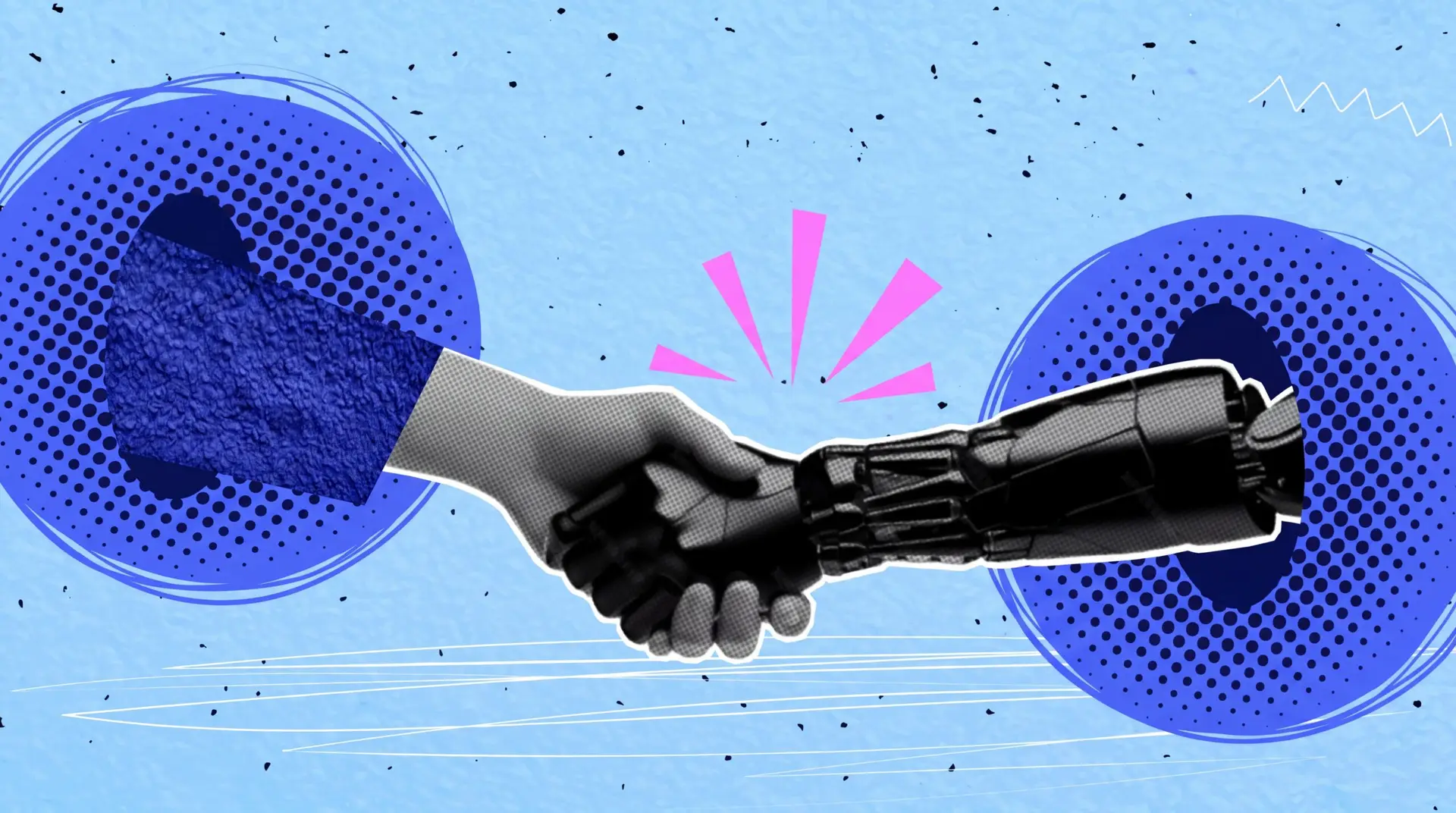 Human hand and robotic hand meeting in a handshake, illustrating human-AI collaboration in workers' compensation ahead of Mollick's AIS 2026 keynote.