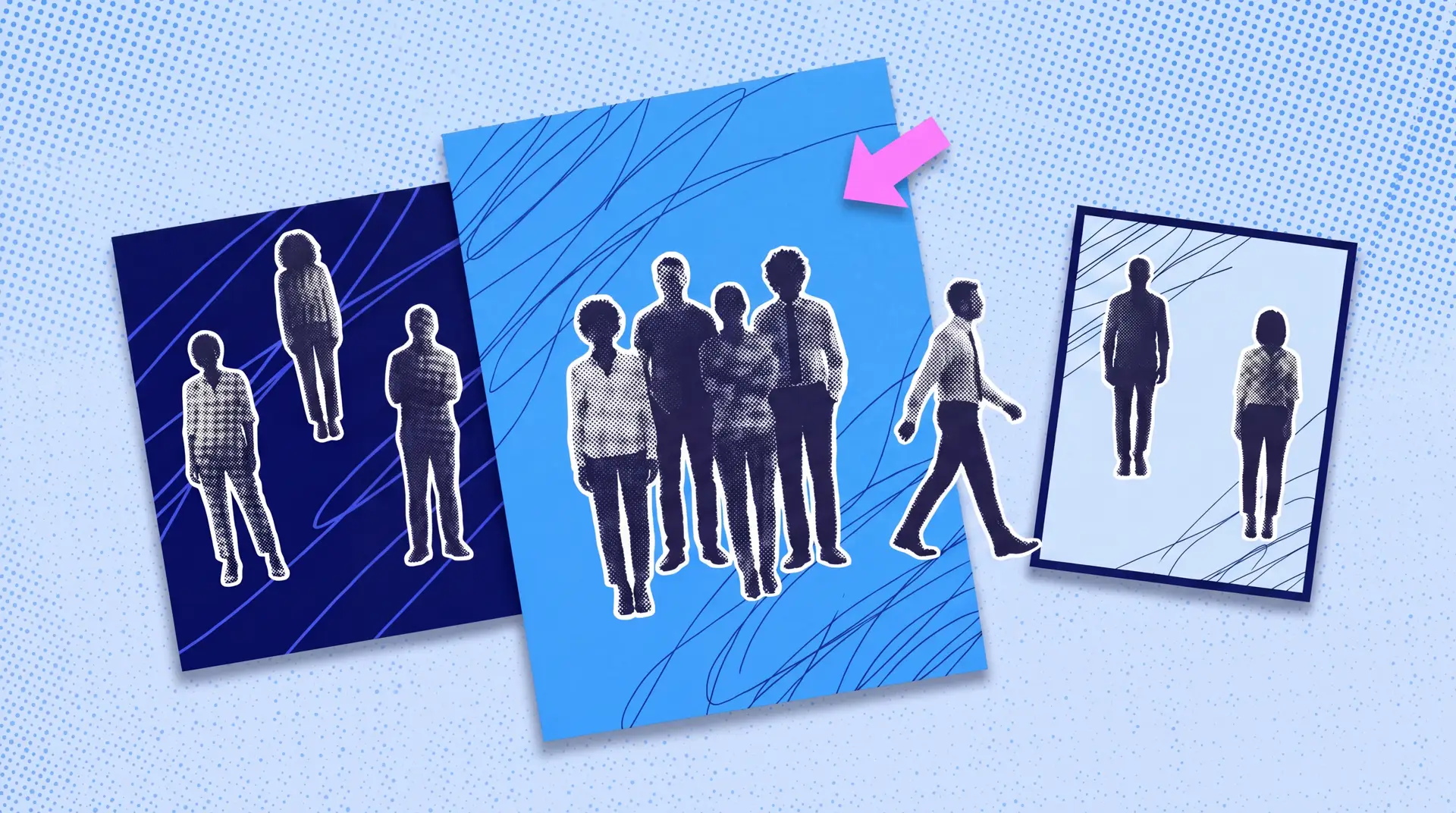 Editorial collage illustration of three overlapping paper panels of varied sizes populated with halftone silhouette figures in uneven groupings, with one figure walking between panels, representing the shifting demographic composition of the American workforce.