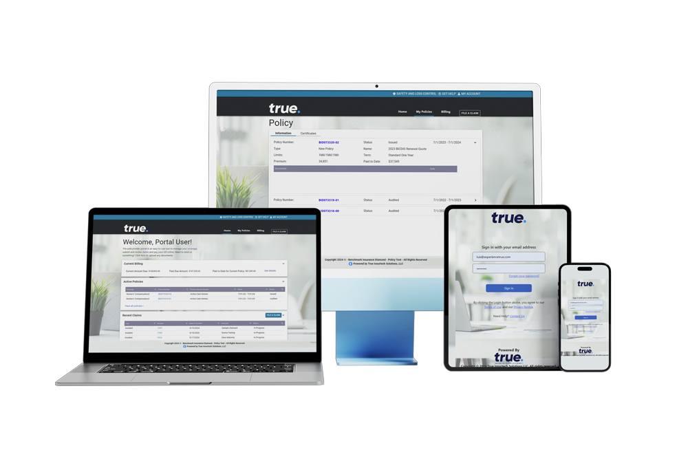 True Insurtech Solutions TruePortals application screens on laptop, desktop, tablet, phone