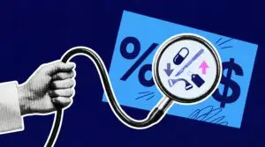 Hand holding a stethoscope, with the chestpiece revealing workers' compensation medical cost drivers (pill, scalpel, physical therapy band, price tag, and trend arrows) over percent and dollar signs. Hero image for the True Insurtech Solutions NCCI AIS 2026 medical severity blog.