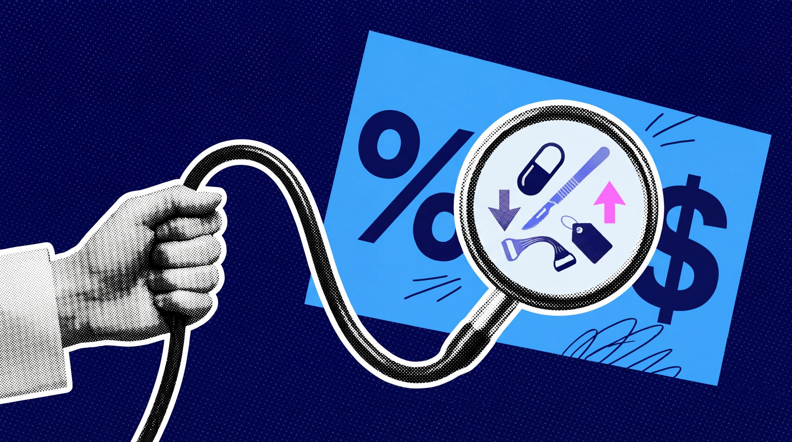 Hand holding a stethoscope, with the chestpiece revealing workers' compensation medical cost drivers (pill, scalpel, physical therapy band, price tag, and trend arrows) over percent and dollar signs. Hero image for the True Insurtech Solutions NCCI AIS 2026 medical severity blog.