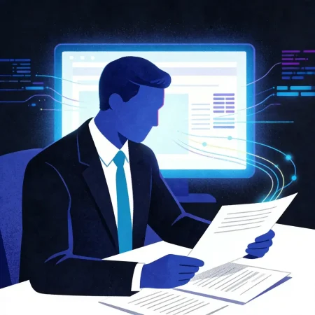 Illustration of a claims adjuster reviewing documents at a desk while glowing data threads flow from a computer screen, representing AI surfacing key information to support faster, more informed claims decisions.