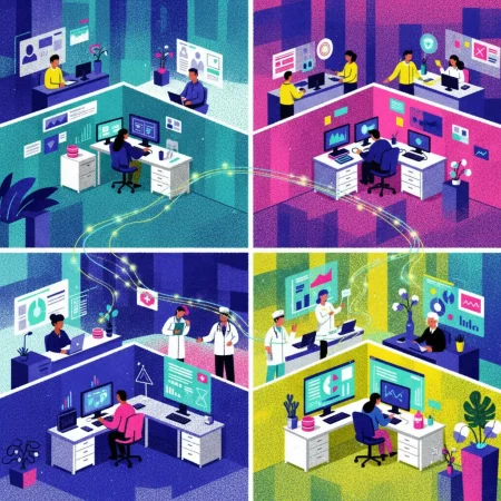 Illustration of four distinct workplace environments — HR, claims, medical, and finance — each with workers at their workstations, connected by luminous data threads flowing seamlessly between them, representing the power of API integration to unify a workers' compensation operation across departments and systems.