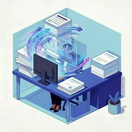 Illustration of a claims workstation surrounded by stacks of incoming documents, with swirling data patterns suggesting automated analysis sorting and prioritizing claims before they reach an adjuster.