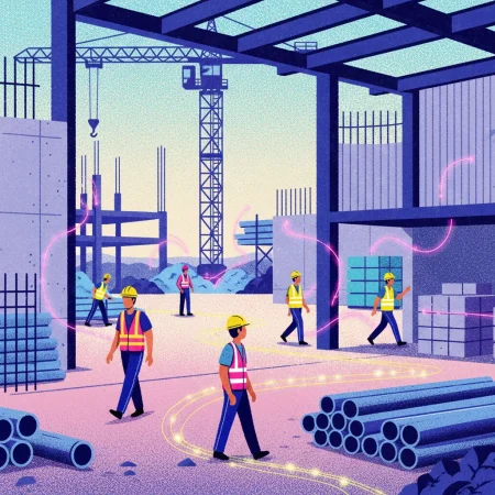 Illustration of construction workers in hard hats and safety vests moving through an active job site, with glowing lines tracing their movements to suggest real-time hazard monitoring and injury prevention technology.