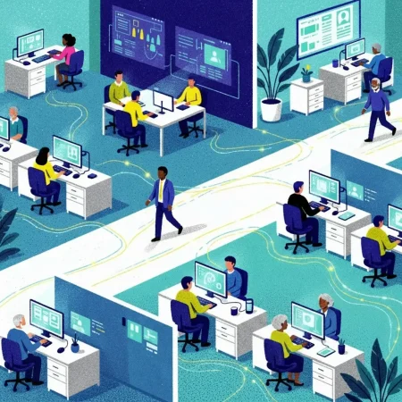 Illustration of a modern open office where workers at connected workstations are linked by luminous data threads, representing seamlessly integrated cloud-based systems across a workers' compensation operation.