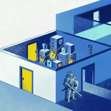 Illustration of a secured facility with layered access points and a armored figure standing guard, representing the structured protection of sensitive worker health data and the growing importance of cybersecurity in workers' compensation.