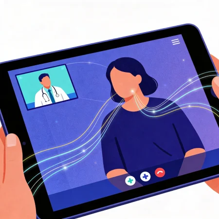 Illustration of a tablet showing a virtual medical consultation between a patient and a physician, with flowing data threads connecting them across distance, representing telehealth's role in expanding care access for injured workers.