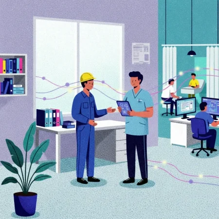 Illustration of an injured worker in conversation with a care professional in a clinical setting, with glowing threads connecting their interaction to a broader claims operation in the background, representing the integration of behavioral health support into the workers' compensation claims lifecycle.